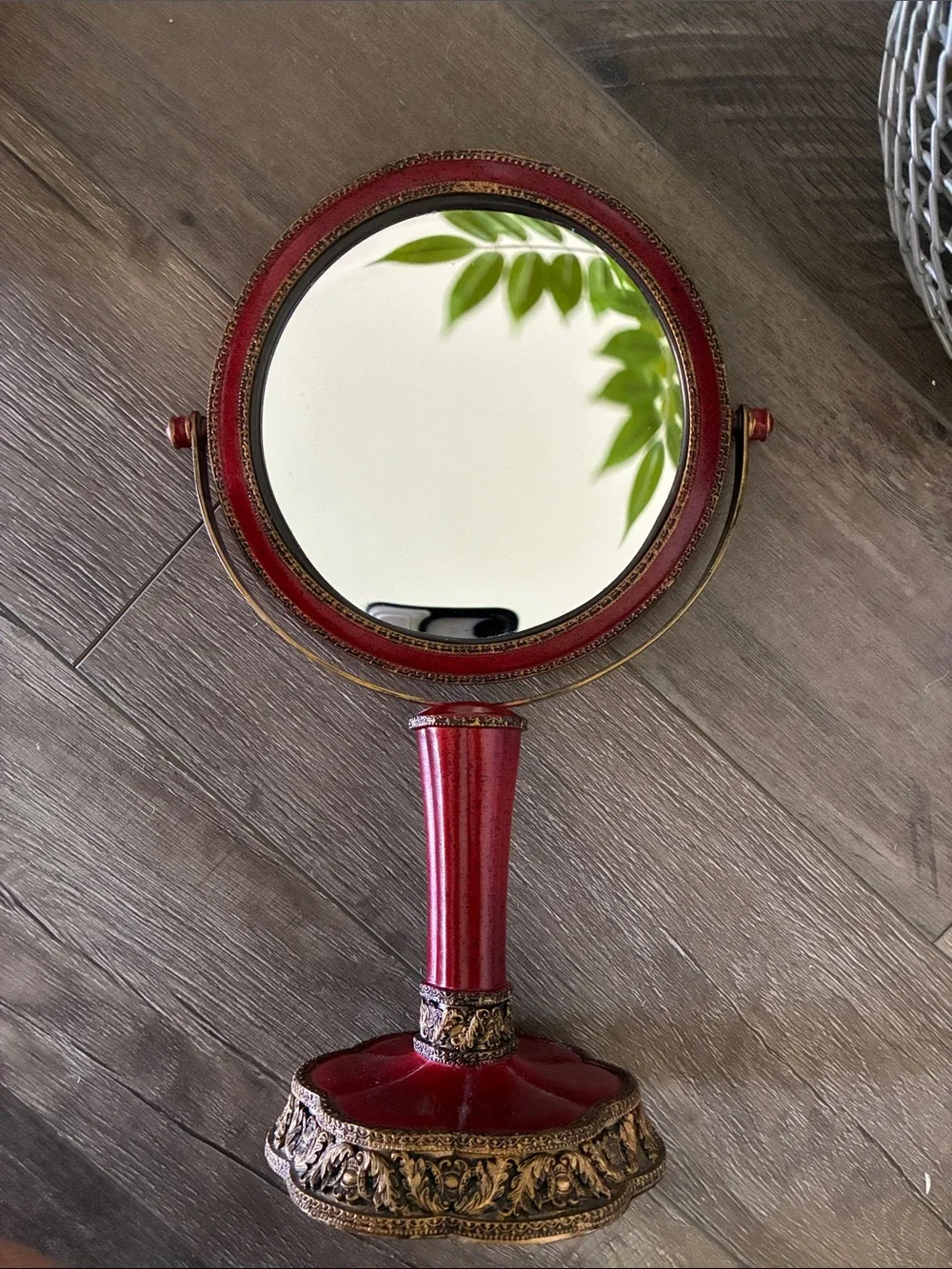 Ornate Vintage Red & Gold-tone Pedestal Tabletop Mirror